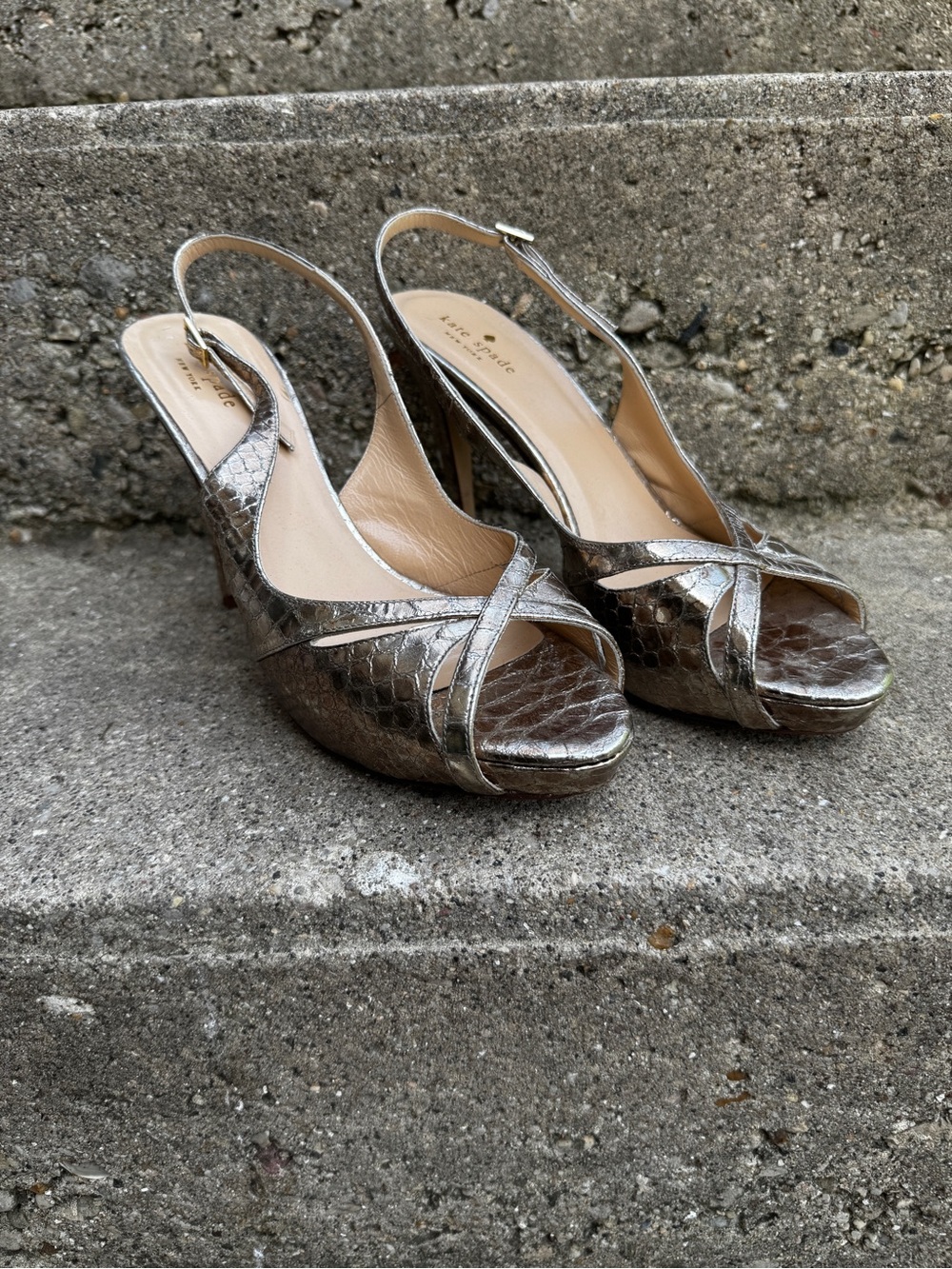 kate spade Metallic gold Bronze Snakeskin Slingback Heels